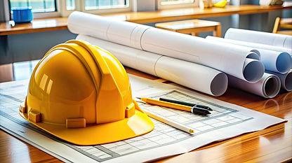 blue prints and hard hat