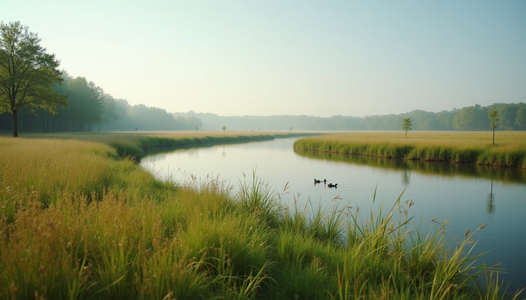 Wide angle view of a peaceful meadow with a creek and duck pond