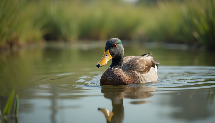 Close-up view of a duck swimming in a calm pond surrounded by grass