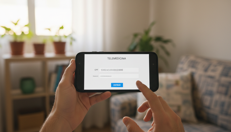 Close-up view of hands entering a CPF login on a smartphone screen