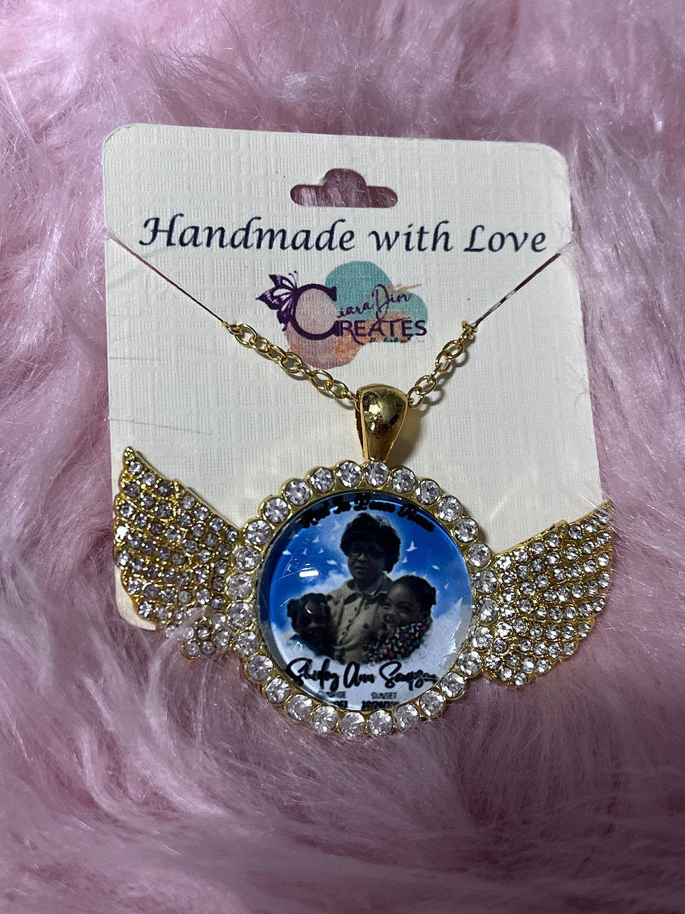Thumbnail: Custom Rhinestone 2.4" Photo Memorial Angel Wing Pendant Necklace