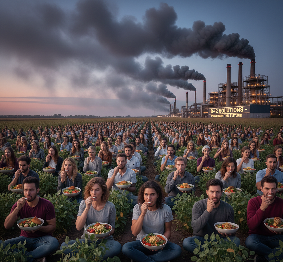 Vegaaniutopia. Vegaanit syö B-12 vitamiinia ja tehtaat savuuttaa saasteita