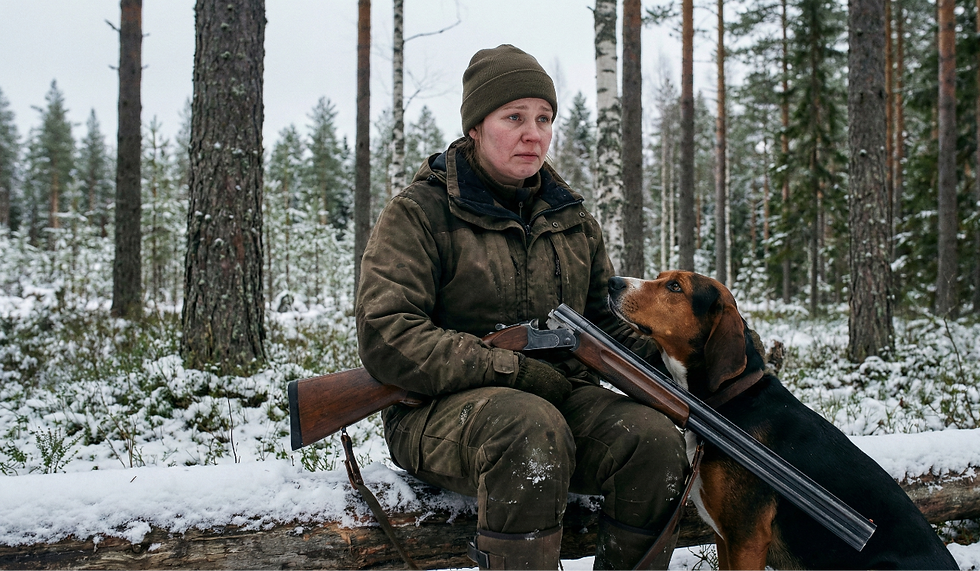 Metsästävä nainen on alakuloinen, kun hän ei voi, eikä saa metstästää. Koira on myös surullinen