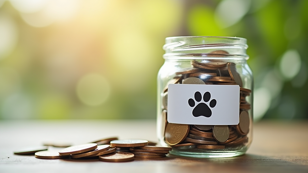 Close-up view of a pet care savings jar with coins and a paw print label