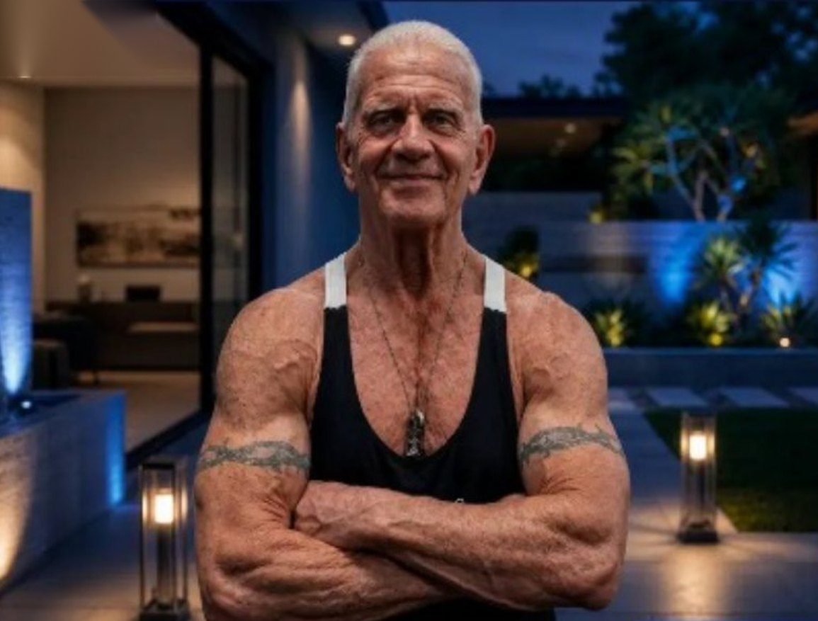 Coach Charles Remington, age 71, arms crossed in a black tank top