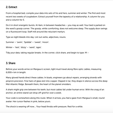 Mining data from texts exchanged across two fortnight periods, Meadhbh began to share information with Margaux, documenting the process in a creative text titled Steps to Construct a Data Story. Health problems disrupted the linearity of this process.