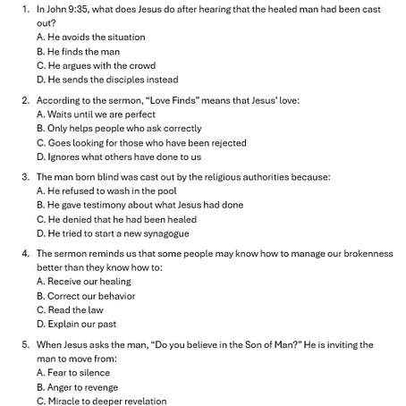 Sermon Review Quiz “Transform: Love Leads”