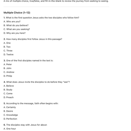 “Come and See”- Sermon Review Quiz