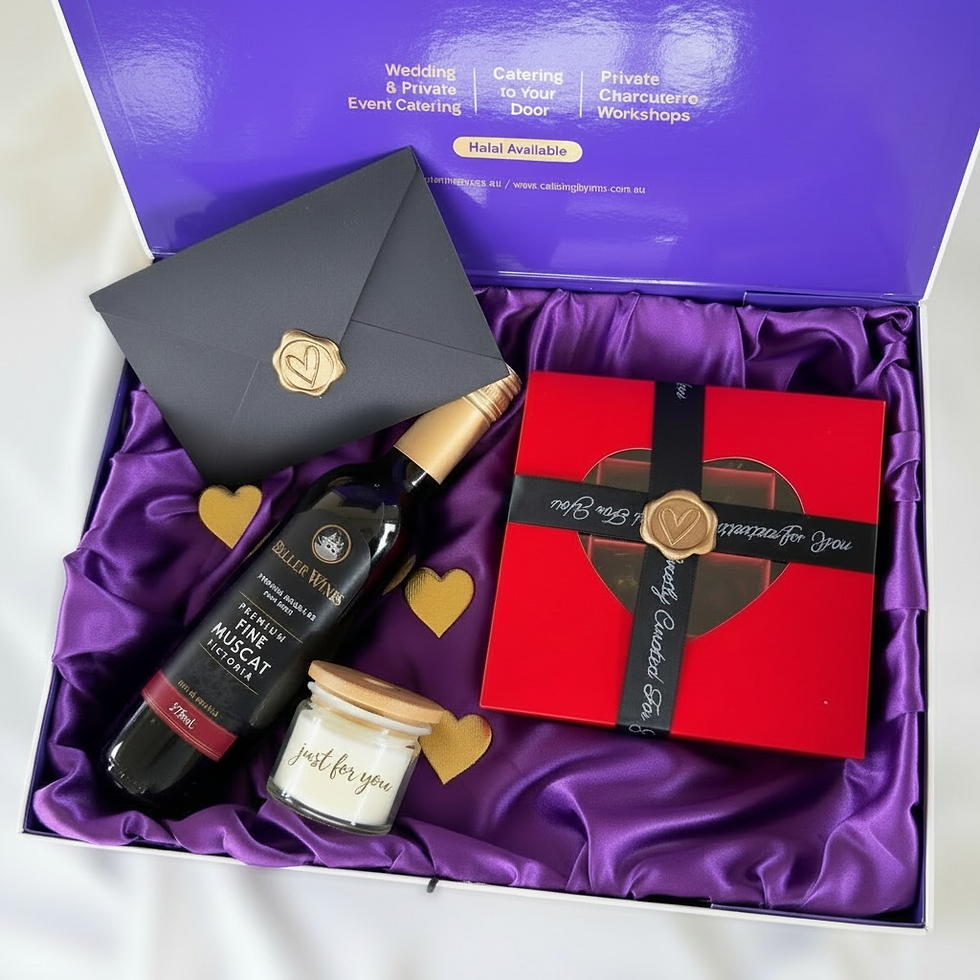 Premium chocolate & wine gift set in Brisbane. Featuring handcrafted chocolate bonbons and dessert wine.