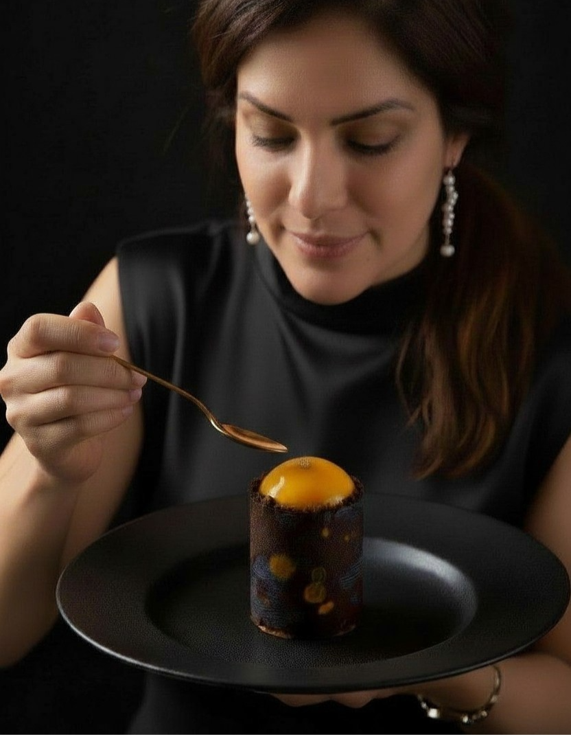 Chocolate Passionfruit Tower luxury dessert in a chocolate cup with glossy passionfruit glaze for premium dessert catering in