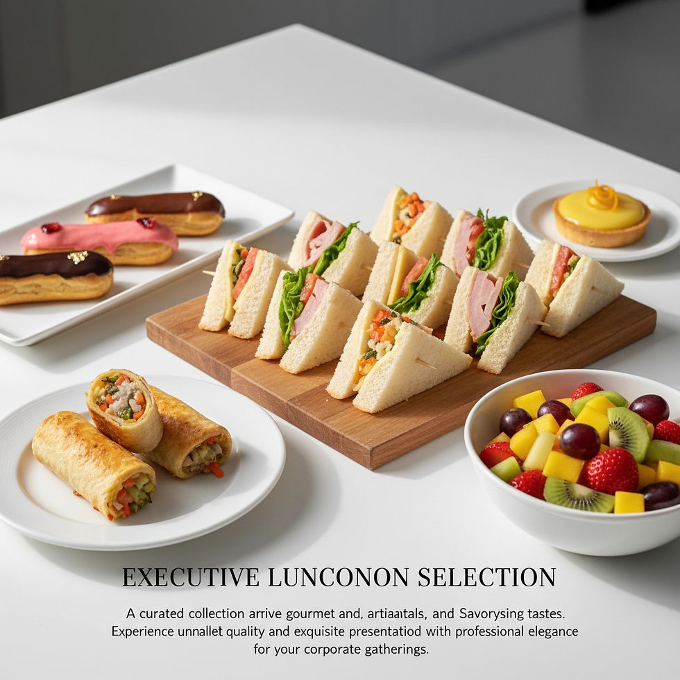 Boardroom catering Brisbane with mini desserts, savoury roll and fruit platter