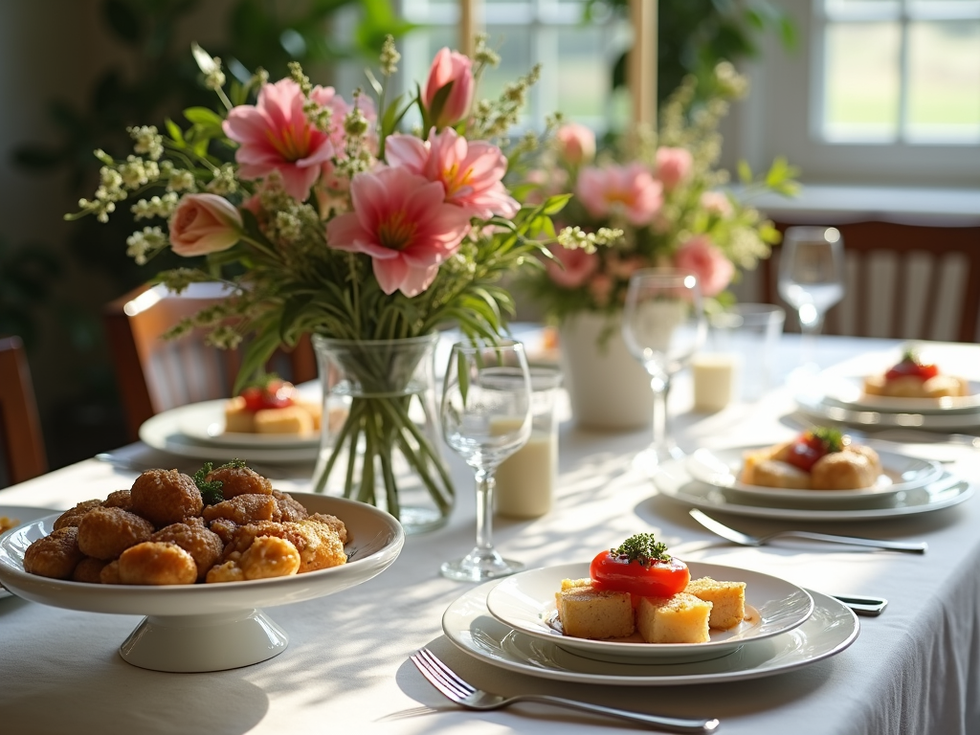 A beautifully styled catering table with elegant tableware, floral arrangements, and gourm