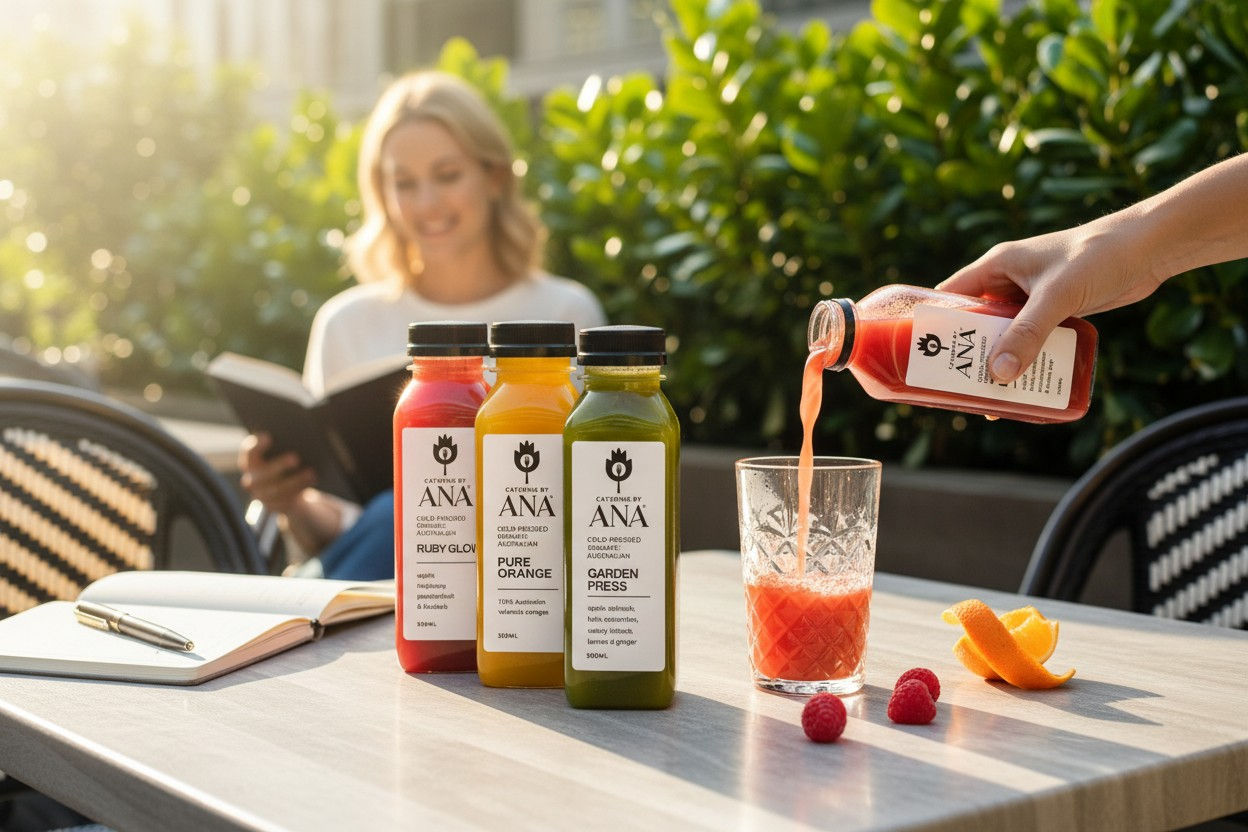 Catering by Ana branded cold-pressed juices (Apple, Orange, Botanical, Immunity)