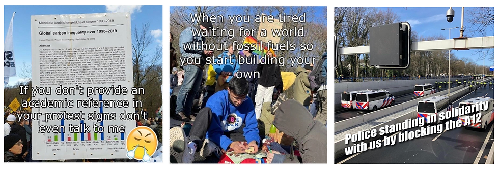 Fig 1.1 – 1.3: A selection of memes that were made and shared live during the first protest, relating a protest sign, a feeling of togetherness while occupying and a little joke about the police supposedly helping the protesters block the A12 highway instead of removing the protestors. The admins share that they get the most shares from their live memes because it allows people to share their own experiences. According to them, a poster or infographic, just does not have that same effect.