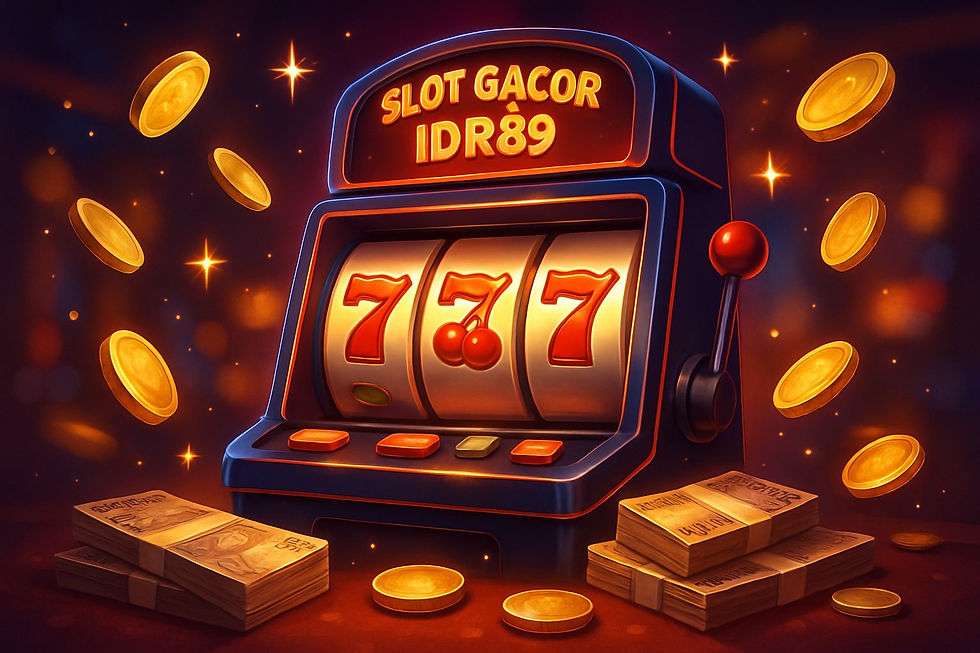 Slot Gacor IDR89 dengan Jackpot 777, simbol kemenangan dan tumpukan uang di samping mesin slot, menggambarkan permainan slot online yang menguntungkan.
