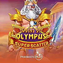 Gates of Olympus logo game slot dengan Zeus memegang pedang dan fitur Super Scatter