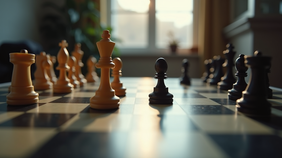 Eye-level view of a chessboard with pieces in mid-game