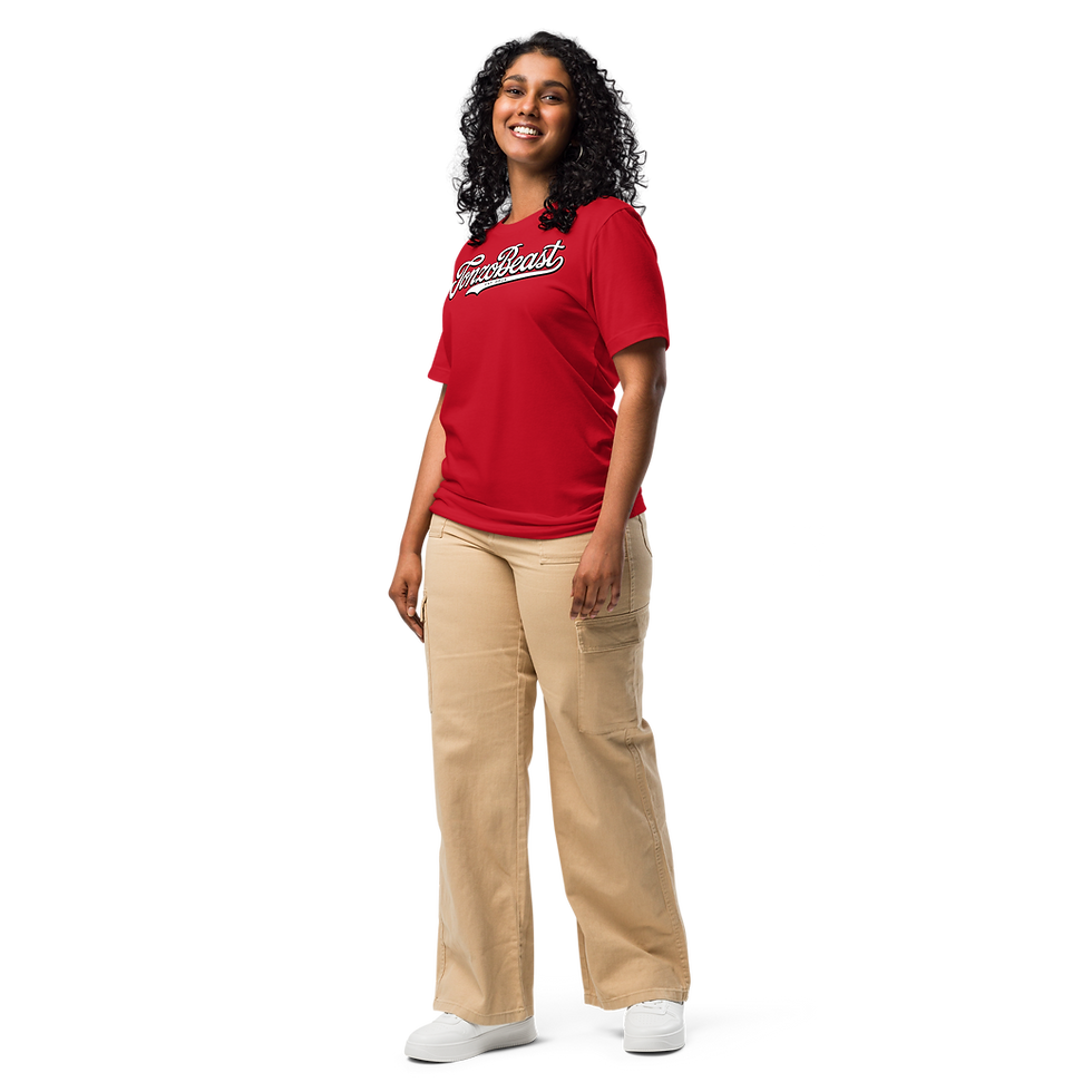Thumbnail: Full-length image of a model confidently wearing the Tonzobeast Red T in a casual setting.