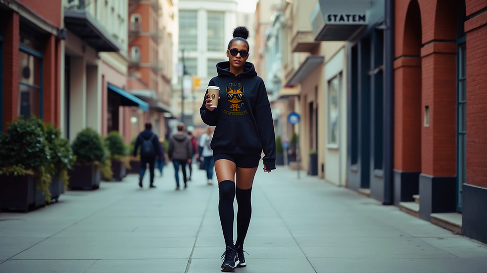 Model wearing a black Tonzobeast Feed Me Meowtherfucker hoodie on a city street