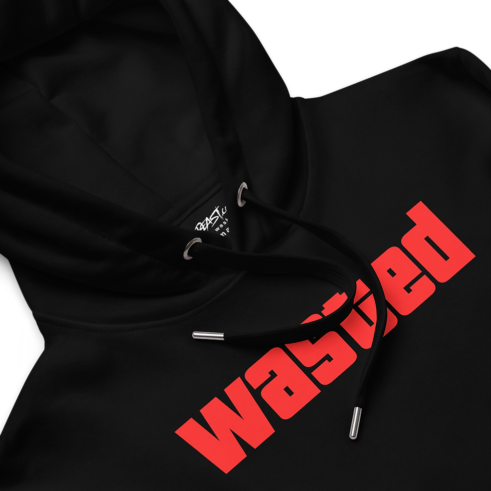 Thumbnail: Close-up of 'Wasted' graphic on the Wasted Tonzobeast Black Premium Eco Hoodie, highlighting street culture influence.