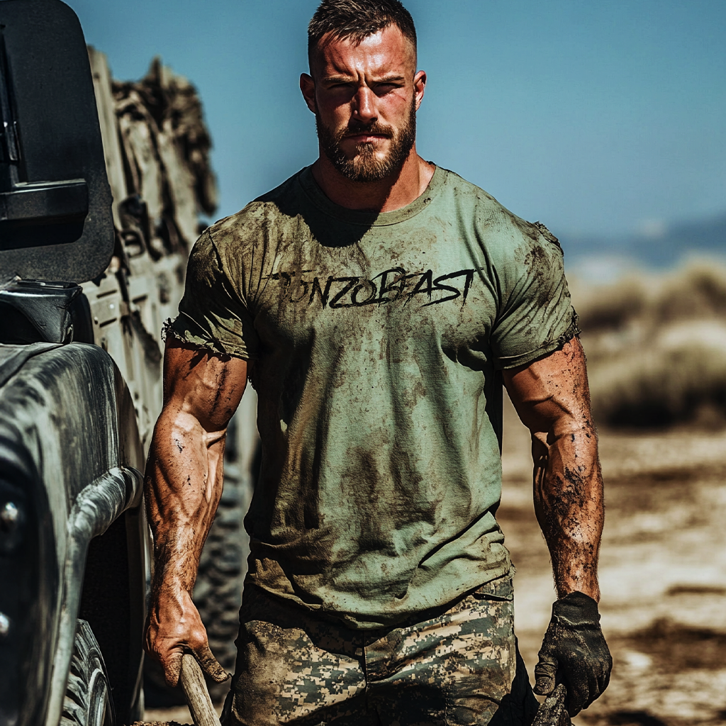 Lifestyle image of a man dragging a truck, rocking the shirt like a beast.