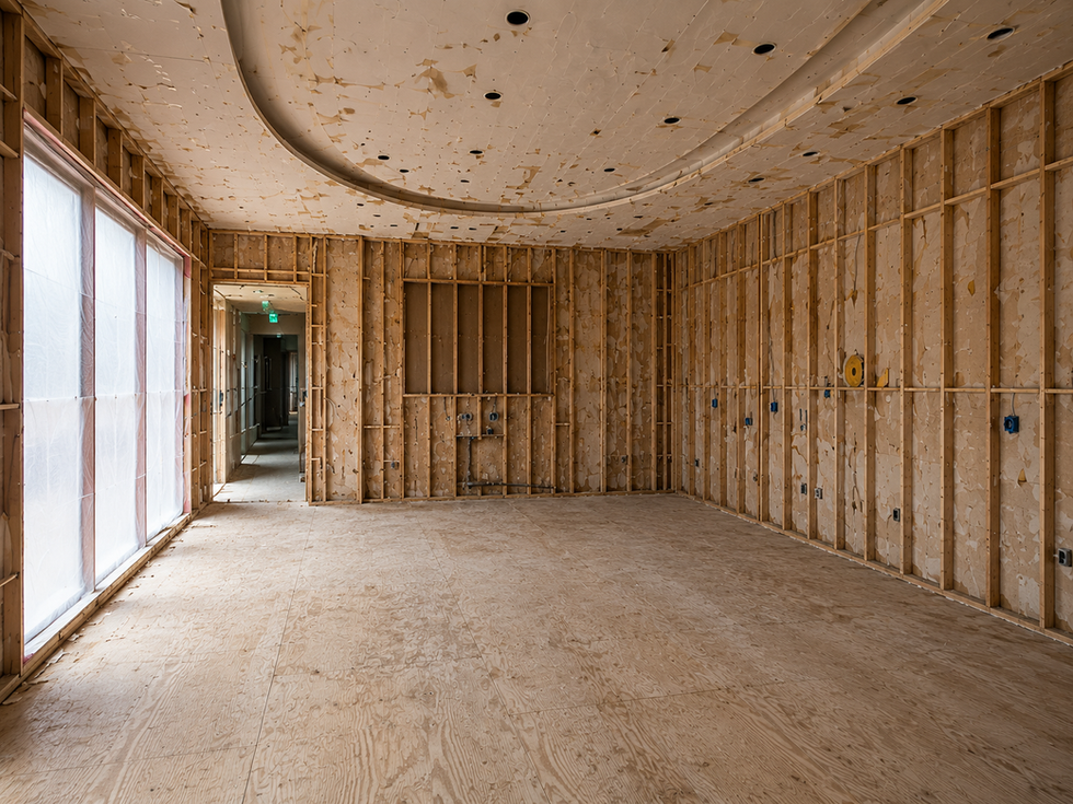 Boardroom renovation during demolition phase with exposed framing and unfinished interior construction.