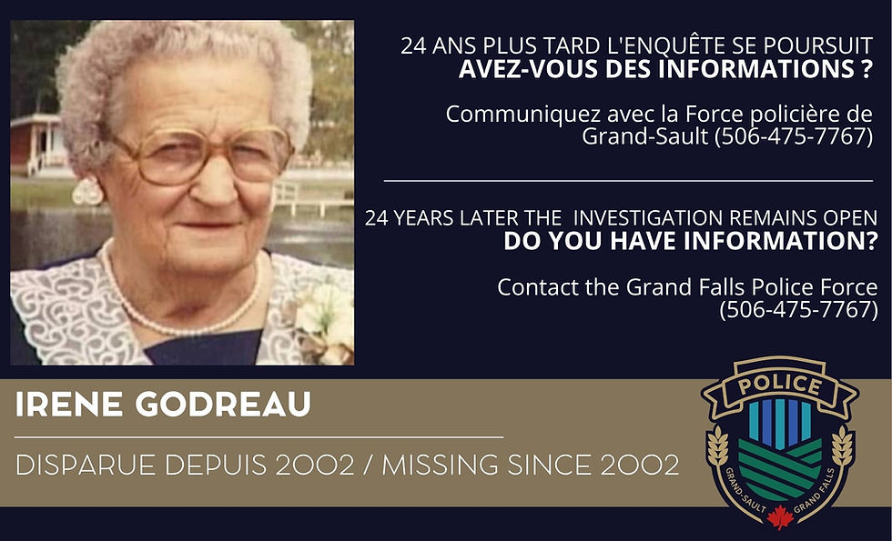 Vingt-quatre ans se sont écoulés depuis la disparition de Mme Irene Godreau, mais l'enquête demeure ouverte à Grand-Sault, NB.