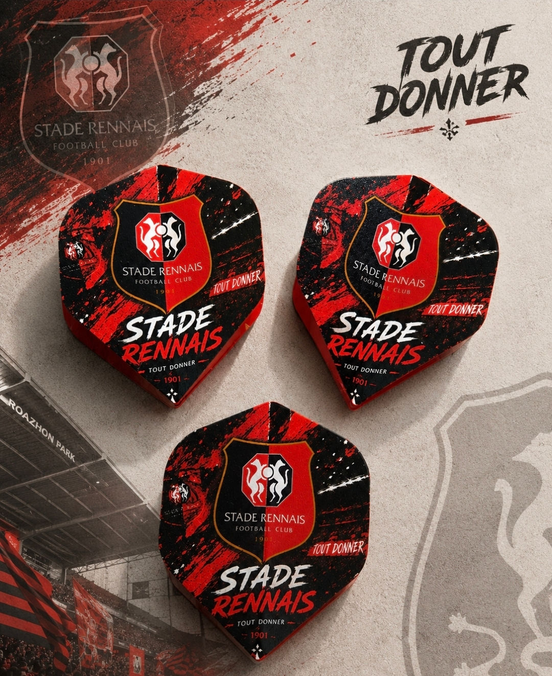 3 ailettes de fléchettes stade rennais 