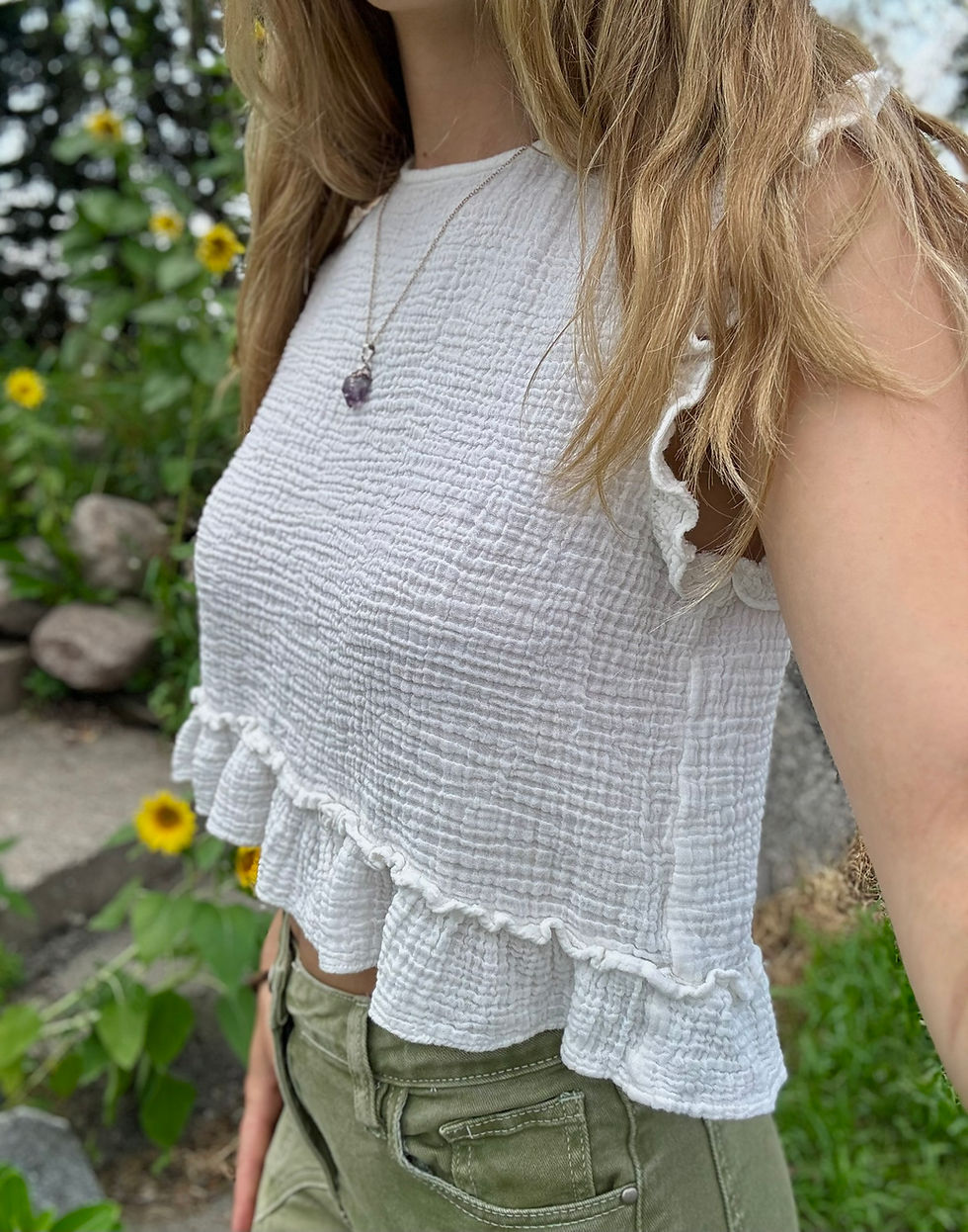 Thumbnail: Short Sleeve Cotton Gauze Ruffle Top 