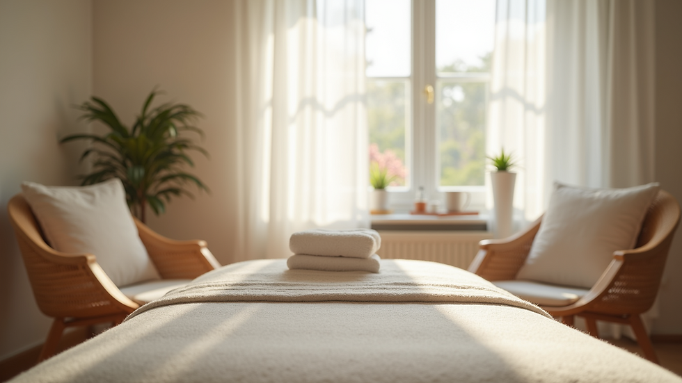 Eye-level view of a calm therapy room prepared for lymphatic drainage treatment