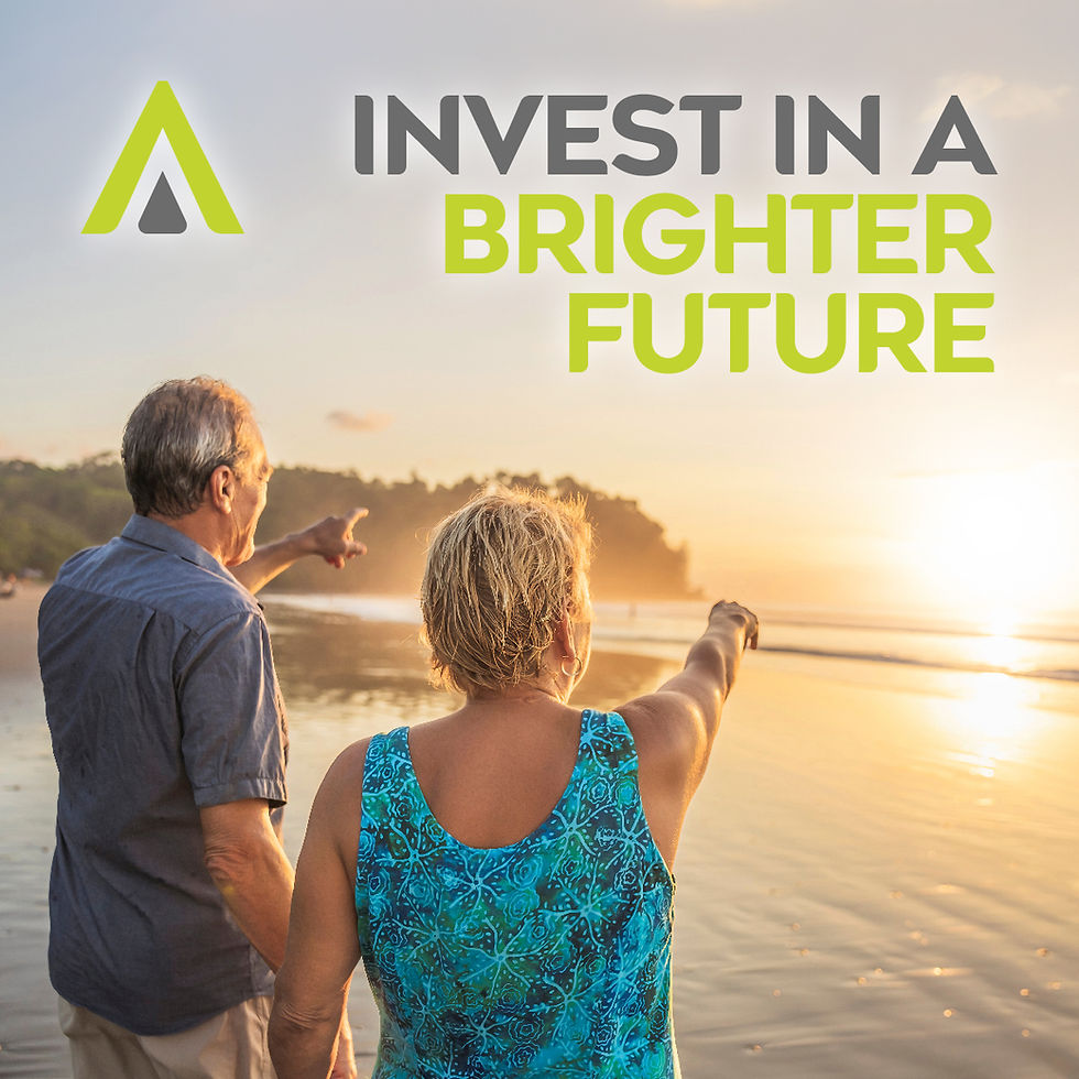 Couple pointing at the sun below some wording 'Invest in a brighter future.'
