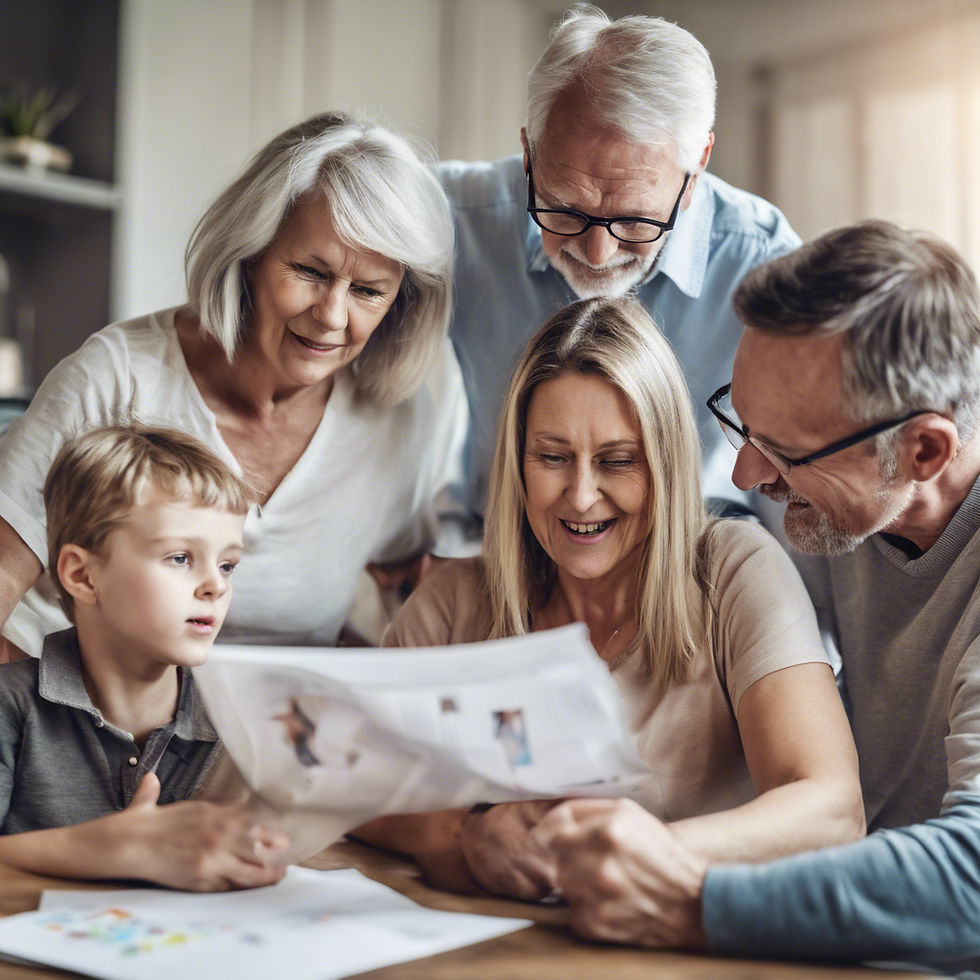 An elderly couple with their younger daughter and son in law and grand child planning.