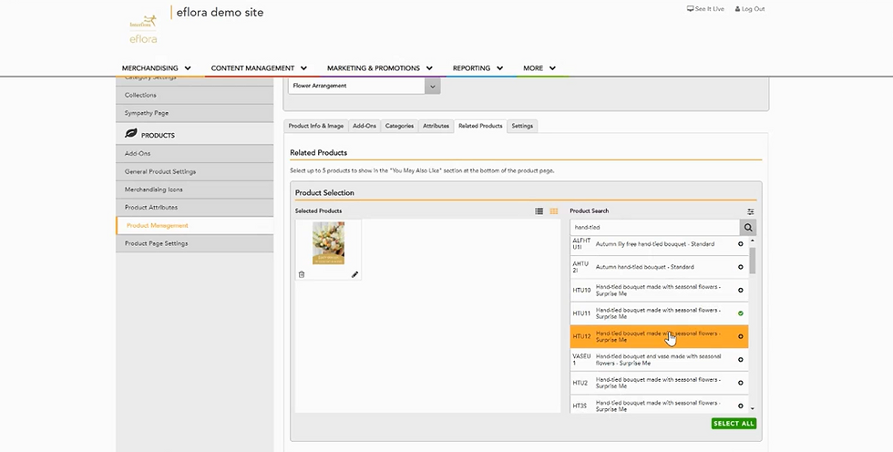 Myeflora demo site interface showing product management. A hand-tied bouquet is selected in the related products section.
