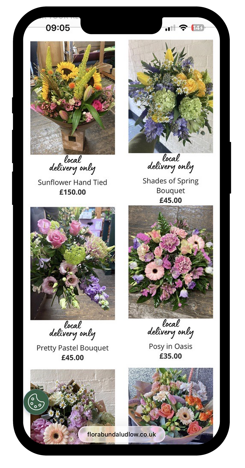 Mobile screen showing a florist menu of colorful bouquets with local delivery only, prices, and florabundaludlow.co.uk