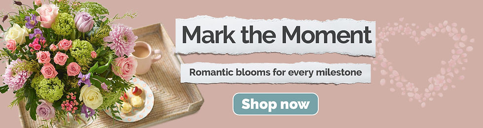 Anniversary florist website banner with pink background.