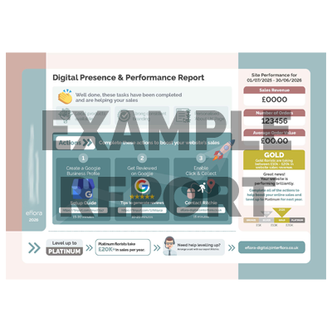 Report on digital presence and sales, with action steps, revenue stats, Gold level, and eflora branding.