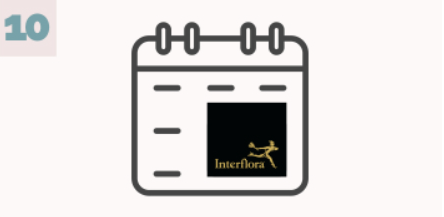Calendar icon with a black Interflora logo panel and a blue 10 in the top left on a white background.