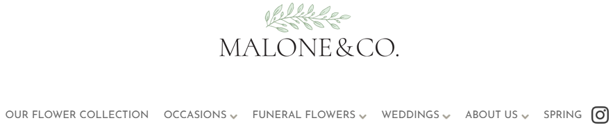 Logo for Malone&Co. with green leaf design. Navigation links: Our Flower Collection, Occasions, Funeral Flowers, Weddings, About Us, Spring.