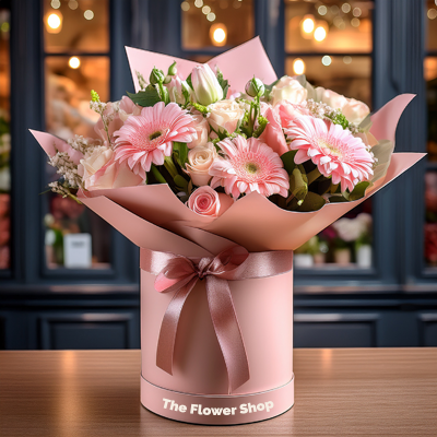 A pink bouquet in pink packaging