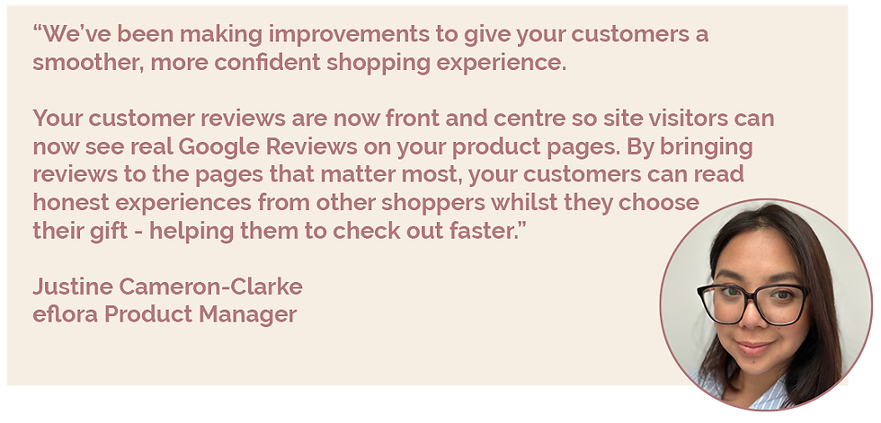Quote about customer reviews on product pages, with headshot of Justine Cameron-Clarke, eflora Product Manager, at right.