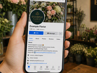 Smartphone displays Example Florist Facebook page with pastel flower bouquet cover, logo, likes, followers, and contact info.