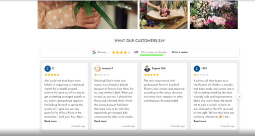 Google Reviews displayed in a carousel format on an eflora florist website