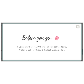 White popup saying Before you go... with a flower icon and delivery text about ordering before 3PM and Click & Collect.