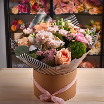 A mixed bouquet in packaging that doesn't match