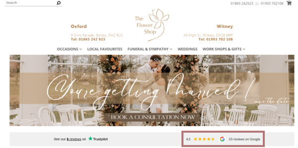 The Flower Shop website header with floral decor and text "We’re getting Married!" Includes branches, locations, and a 4.5-star Google review.
