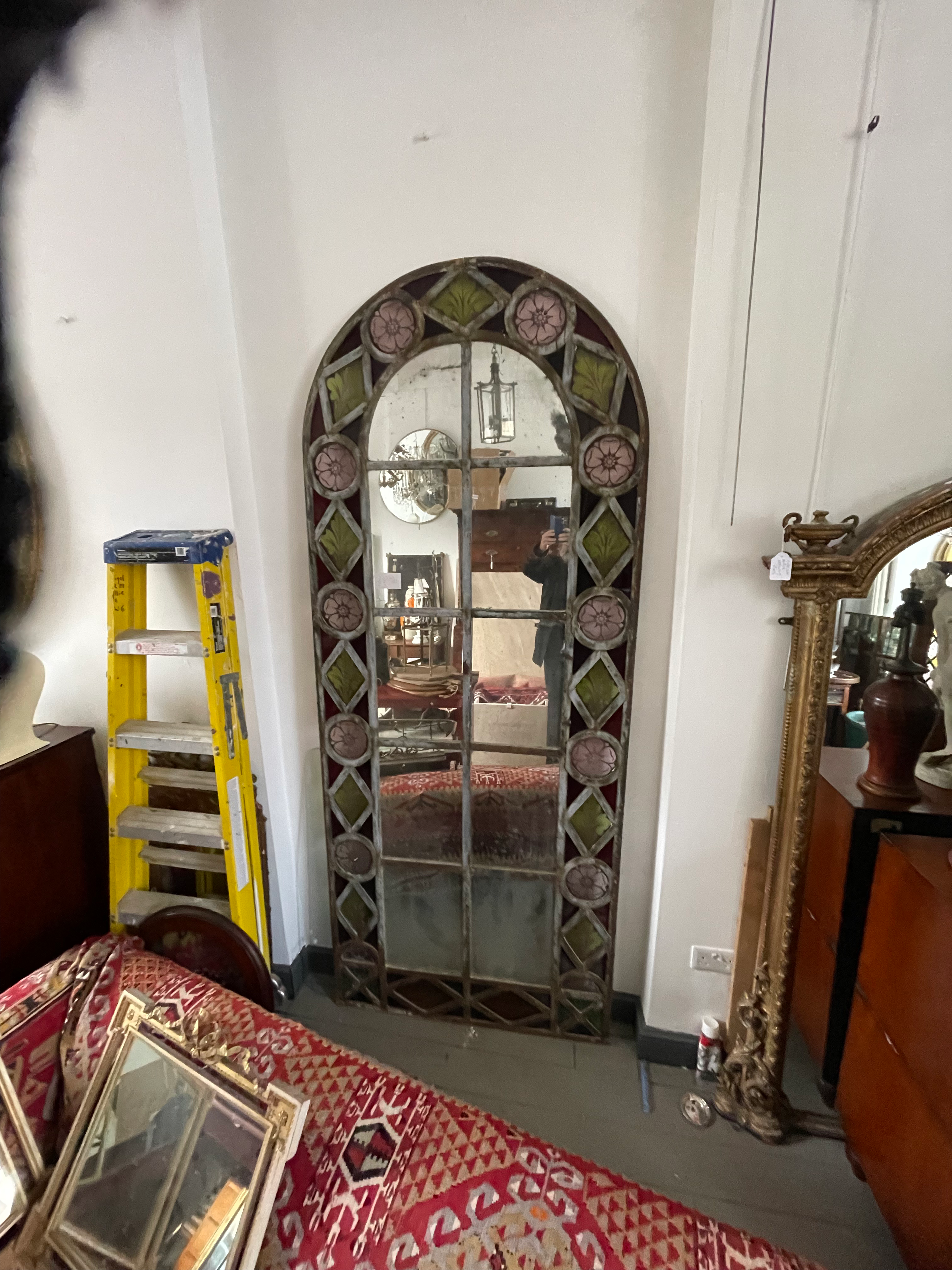 Window mirror with leaded light flowers
