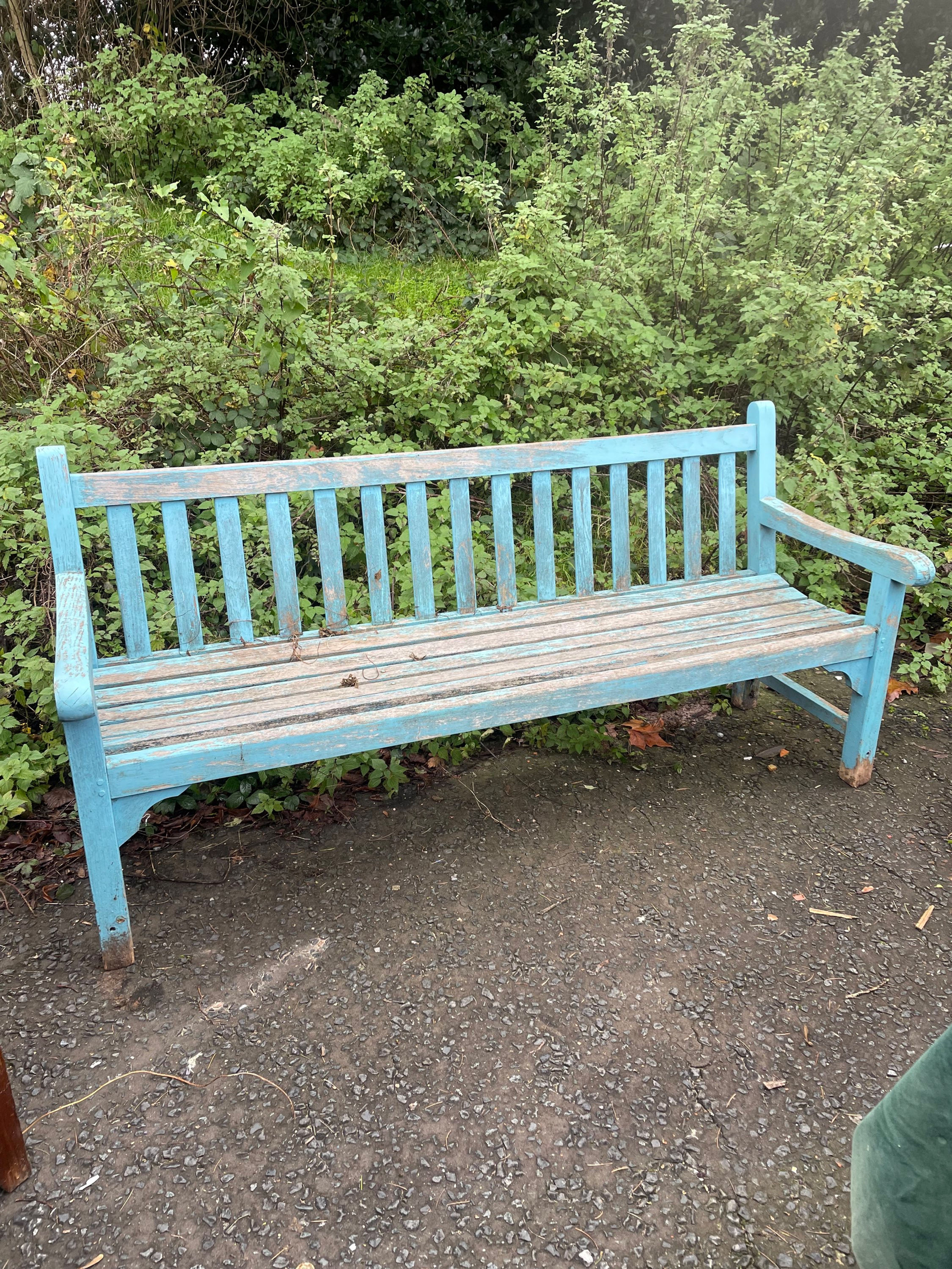 Teak 3 seater garden bench painted in a duck eat blue nicely weathered 