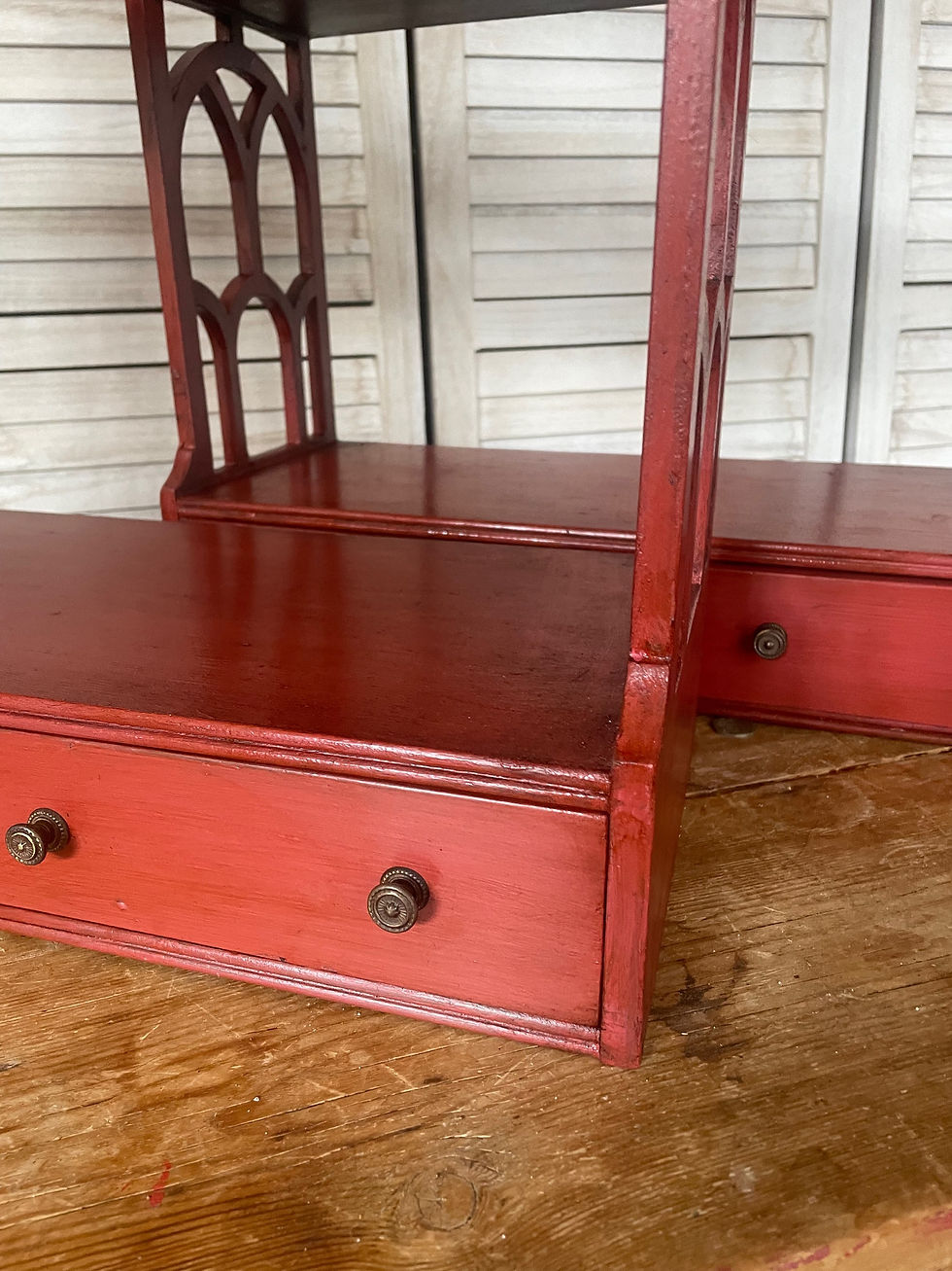 Thumbnail: A pair of red Lacquar hanging shelves 1900c 