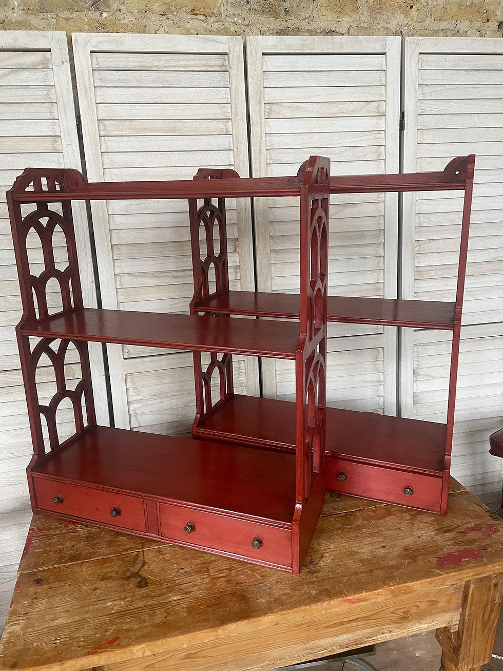 Thumbnail: A pair of red Lacquar hanging shelves 1900c 