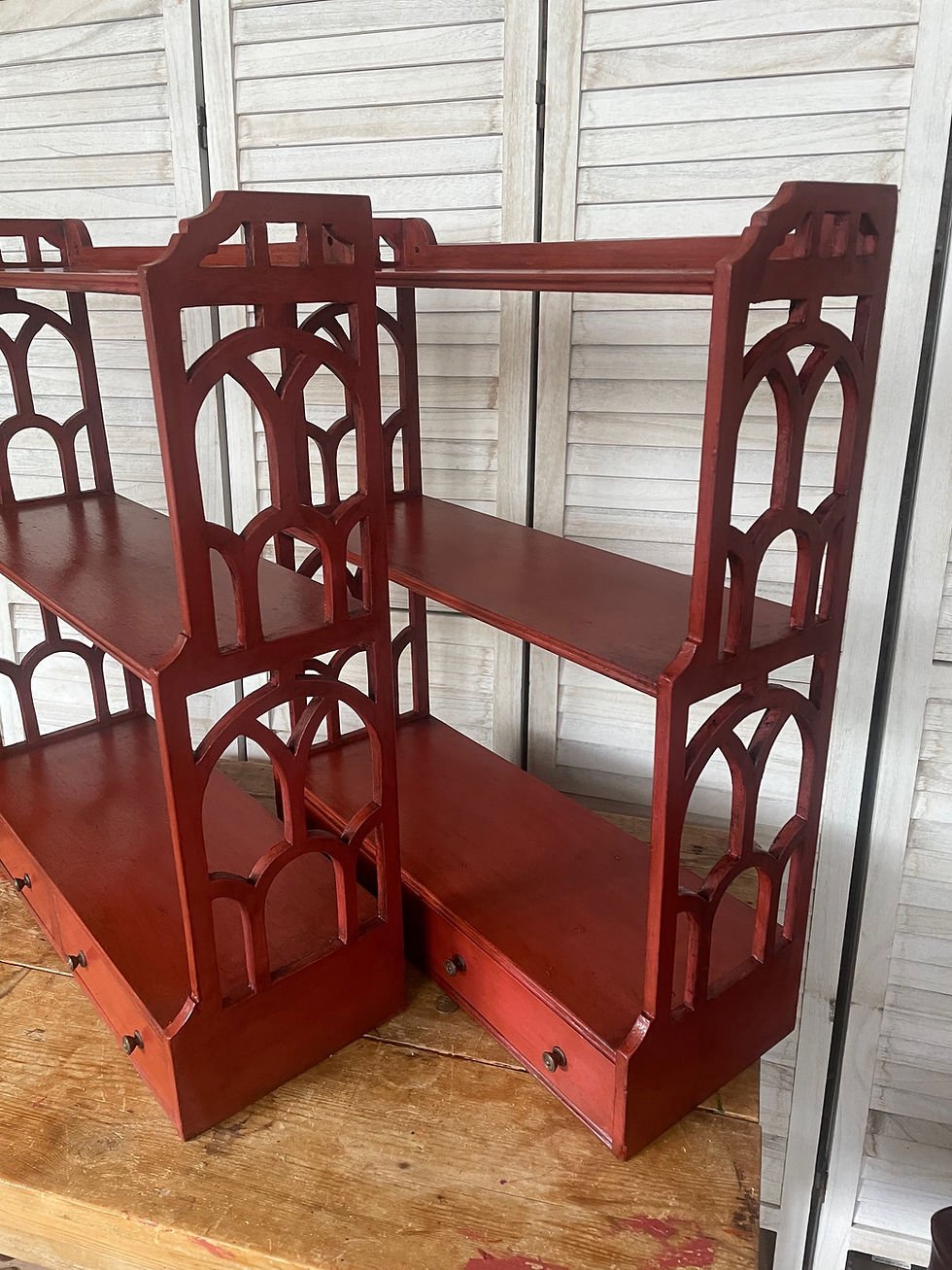 Thumbnail: A pair of red Lacquar hanging shelves 1900c 